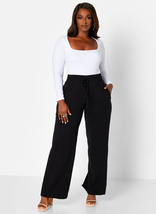 Black Essential Tie Waist Wide Leg Pants W. Pockets Plus Sizes