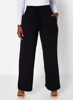 Black Essential Tie Waist Wide Leg Pants W. Pockets Plus Sizes