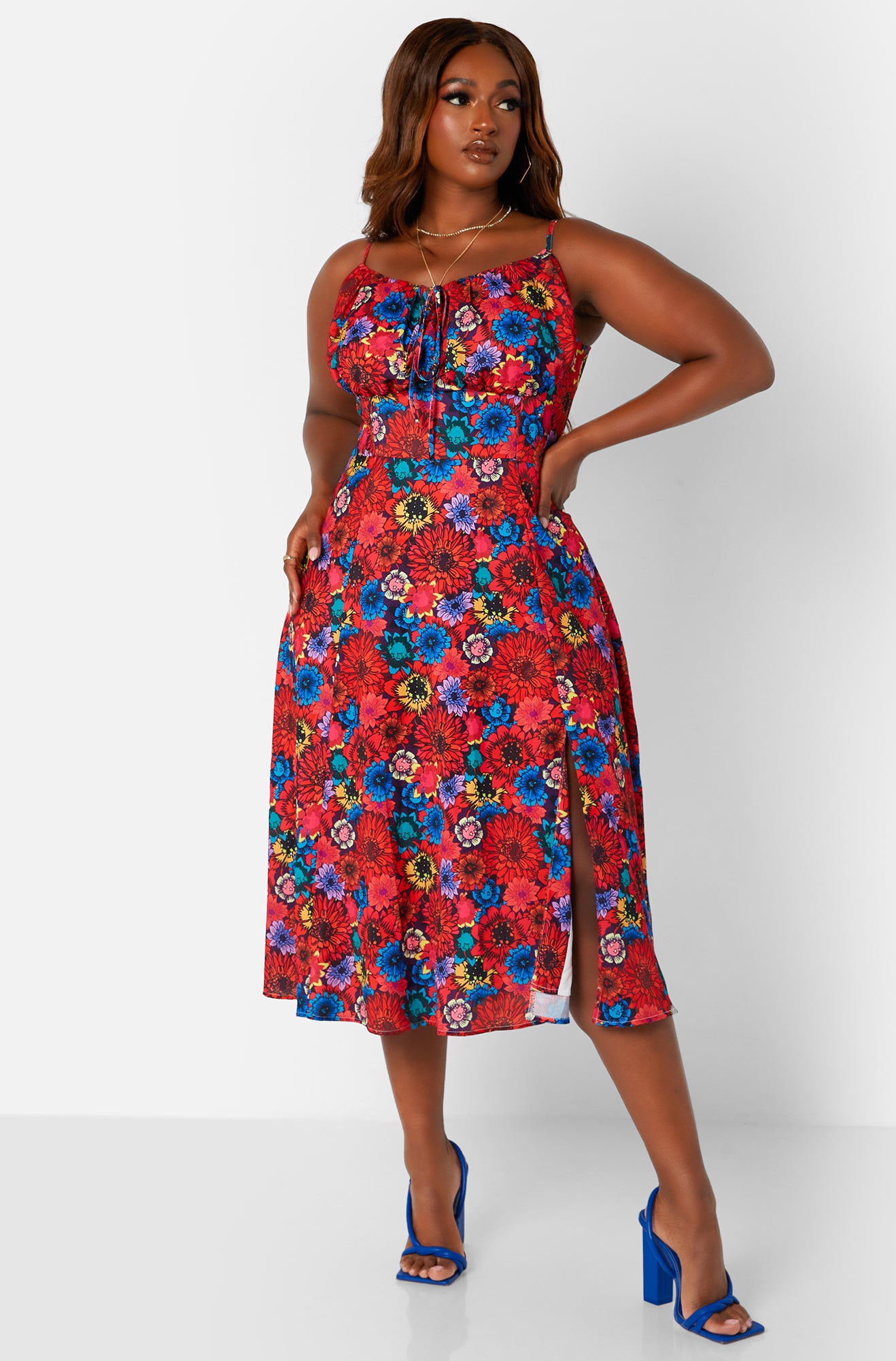 Red Euphoric Vibes Floral Tie Front Midi A Line Dress Plus Sizes