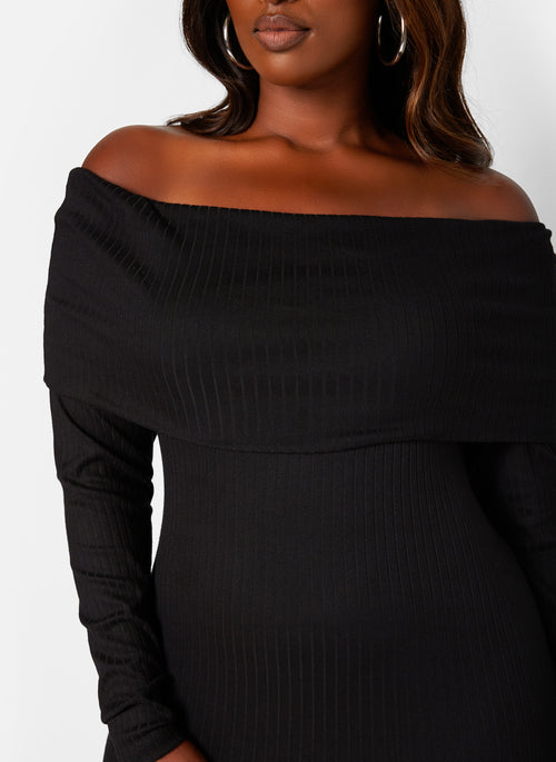 Black Everyones Favorite Ribbed Off Shoulder Midi Bodycon Dress Plus Sizes