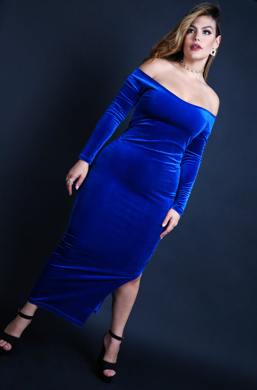 Royal Blue Velvet Over The Shoulder Long Sleeve Bodycon Maxi Dress Plus Sizes