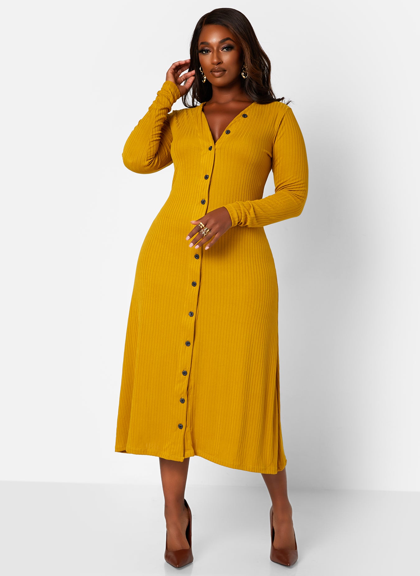 Faithful Ribbed Button Front Midi A Line Dress