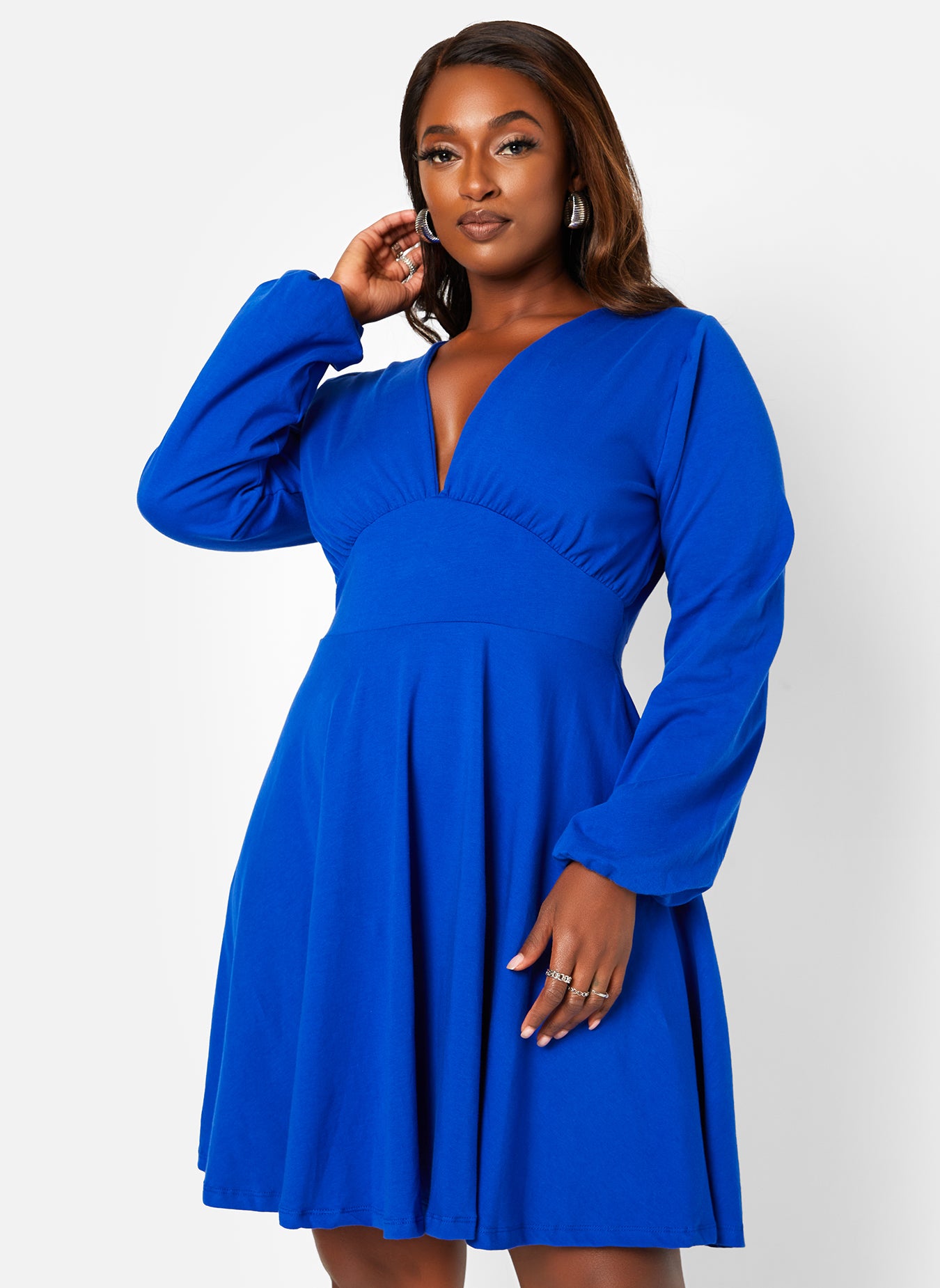 Royal Blue Feeling Fancy V Neck Mini Skater Dress Plus Sizes
