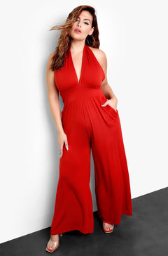 Brick Plus Size Halter Neck Jumpsuit with Pocket