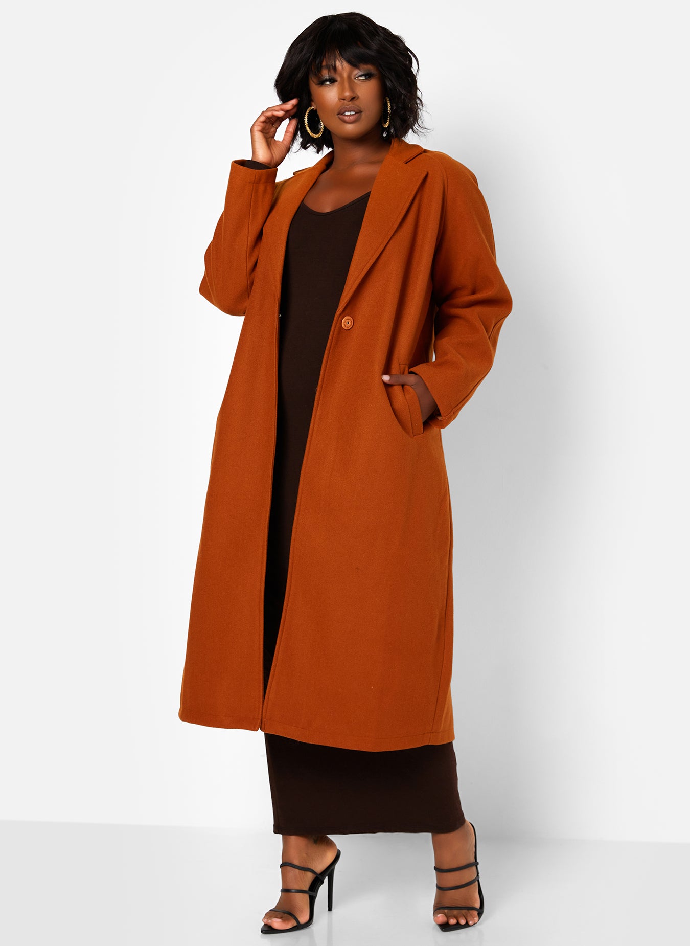 Brown First Class Collared Single Snap Closure Coat W. Pockets Plus Sizes