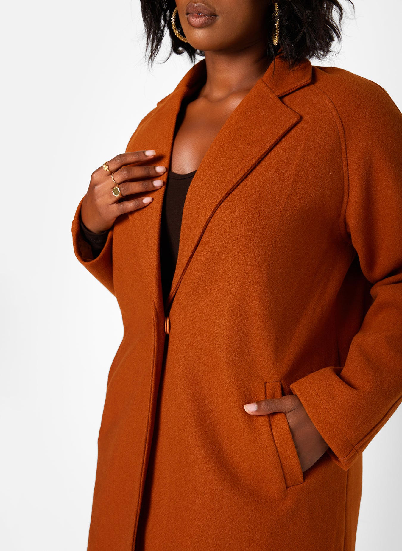 Brown First Class Collared Single Snap Closure Coat W. Pockets Plus Sizes