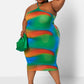 Multicolor Flashback Kaleidoscope Print Halter Midi Bodycon Dress Plus Sizes