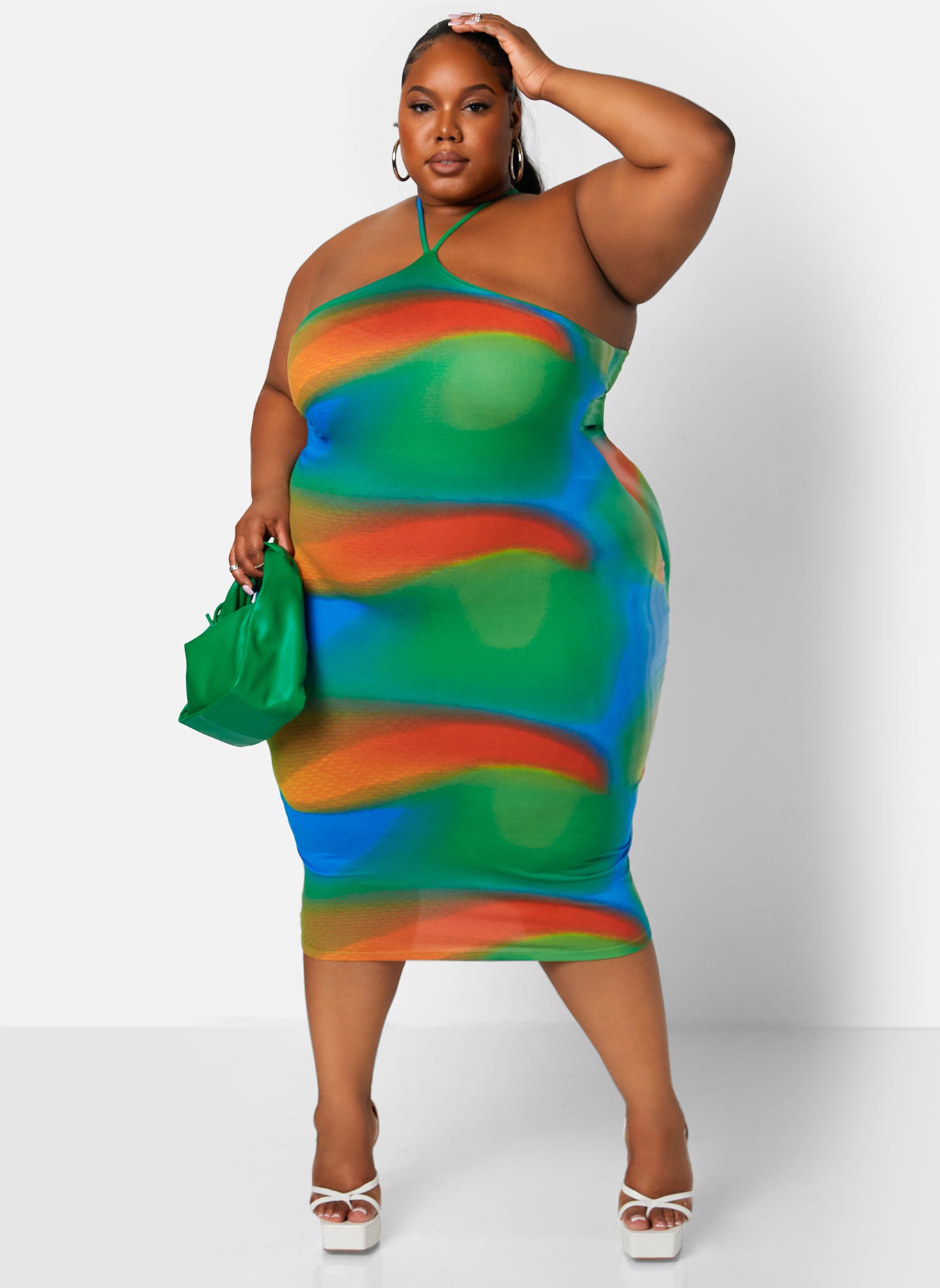 Multicolor Flashback Kaleidoscope Print Halter Midi Bodycon Dress Plus Sizes