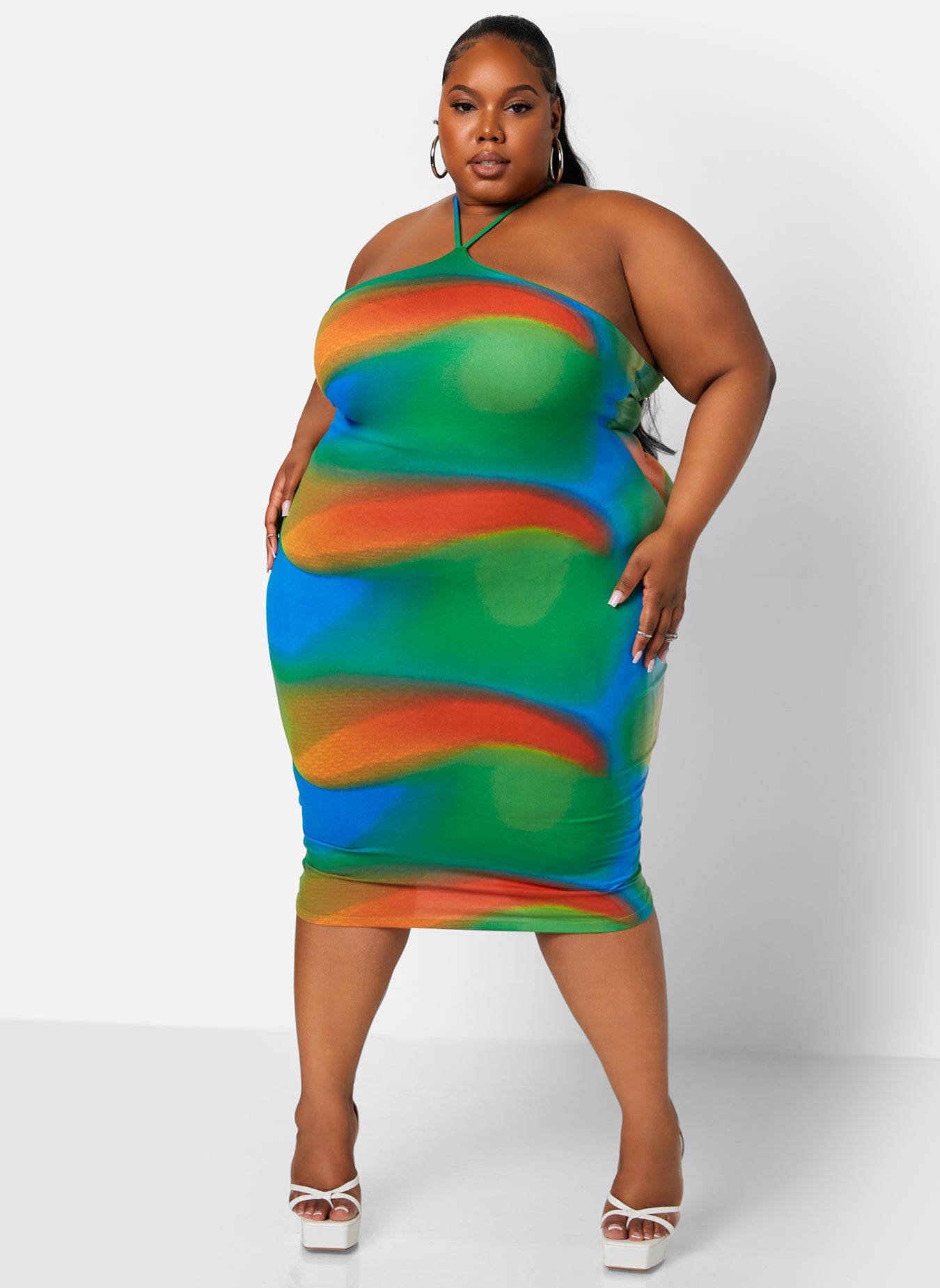 Multicolor Flashback Kaleidoscope Print Halter Midi Bodycon Dress Plus Sizes