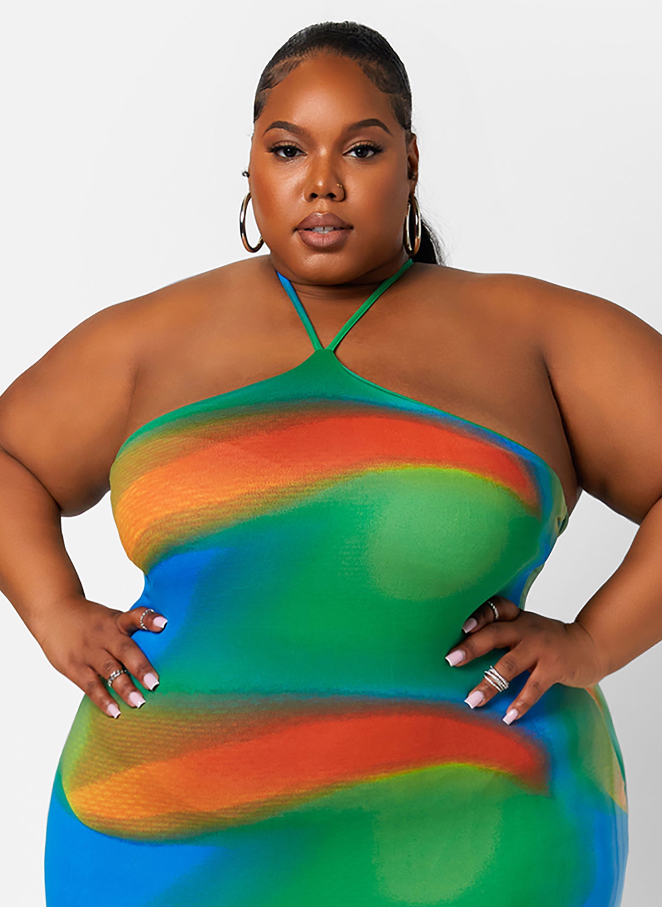Multicolor Flashback Kaleidoscope Print Halter Midi Bodycon Dress Plus Sizes