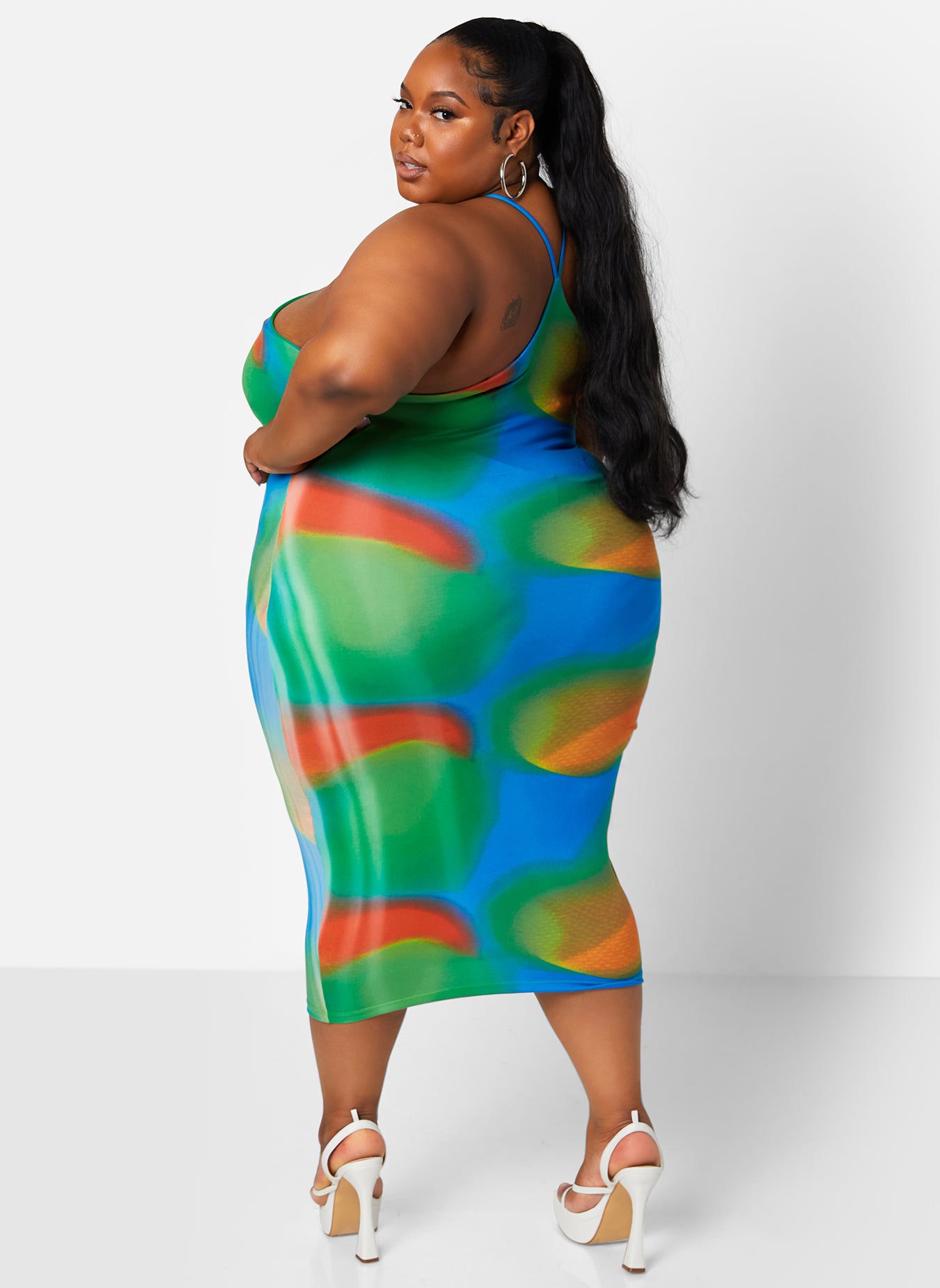 Multicolor Flashback Kaleidoscope Print Halter Midi Bodycon Dress Plus Sizes