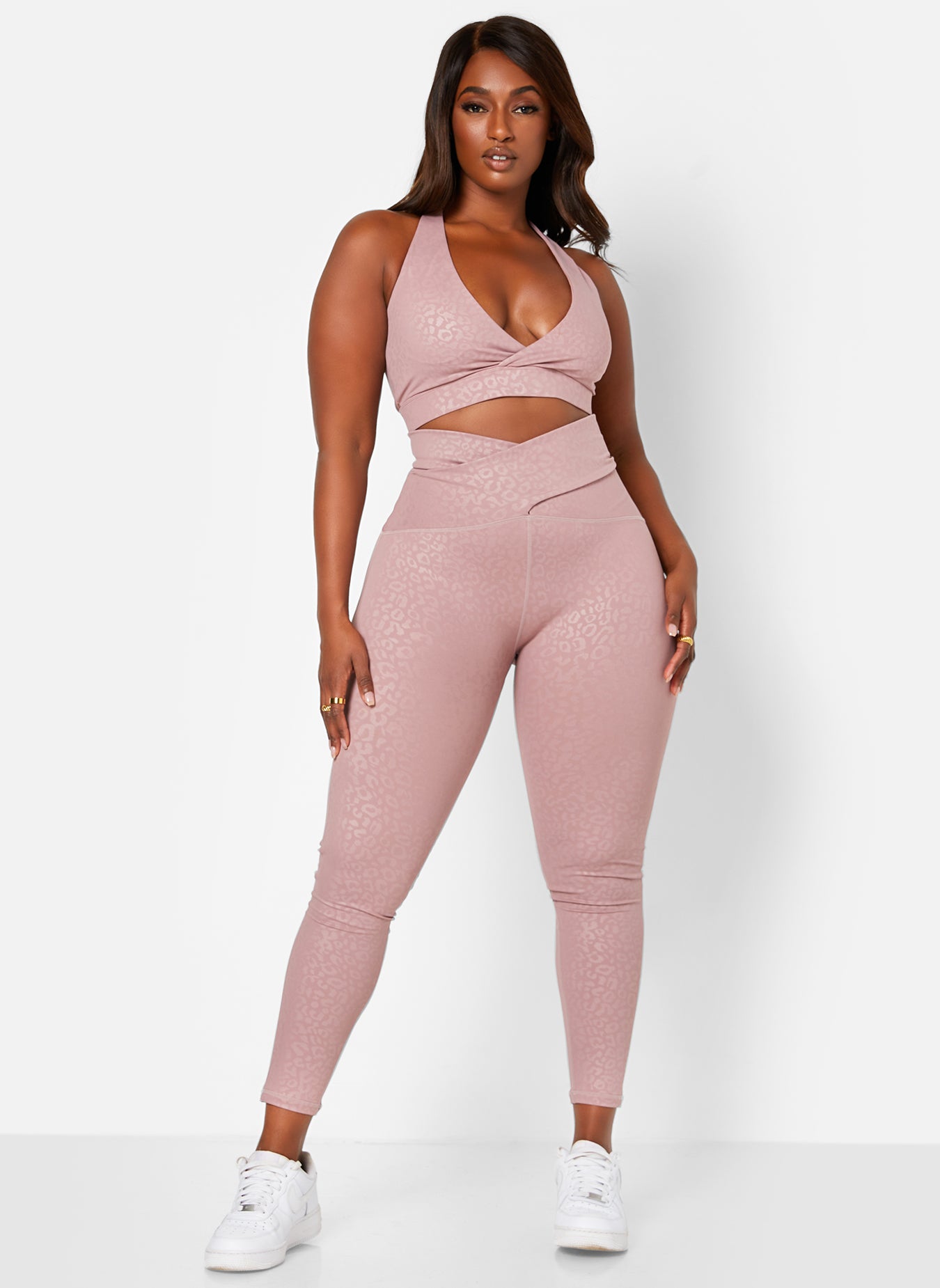 Mauve Flaunt It Leopard Plunge V-Neck Sports Bra Plus Sizes