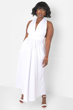 White Dreamy Sleeveless V Neck Multiway Skater Maxi Dress W. Pockets Plus Sizes