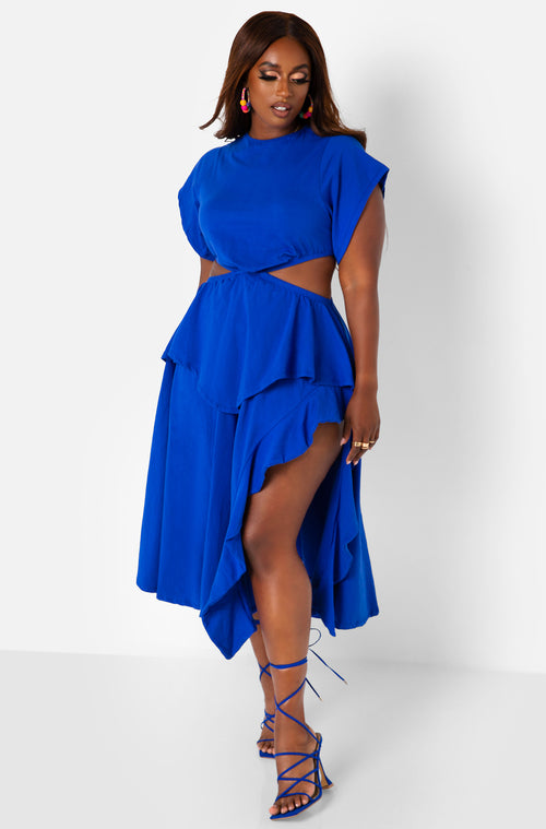 Royal Blue Selfie Ready Cut Out High Slit Midi A Line Dress Plus Sizes