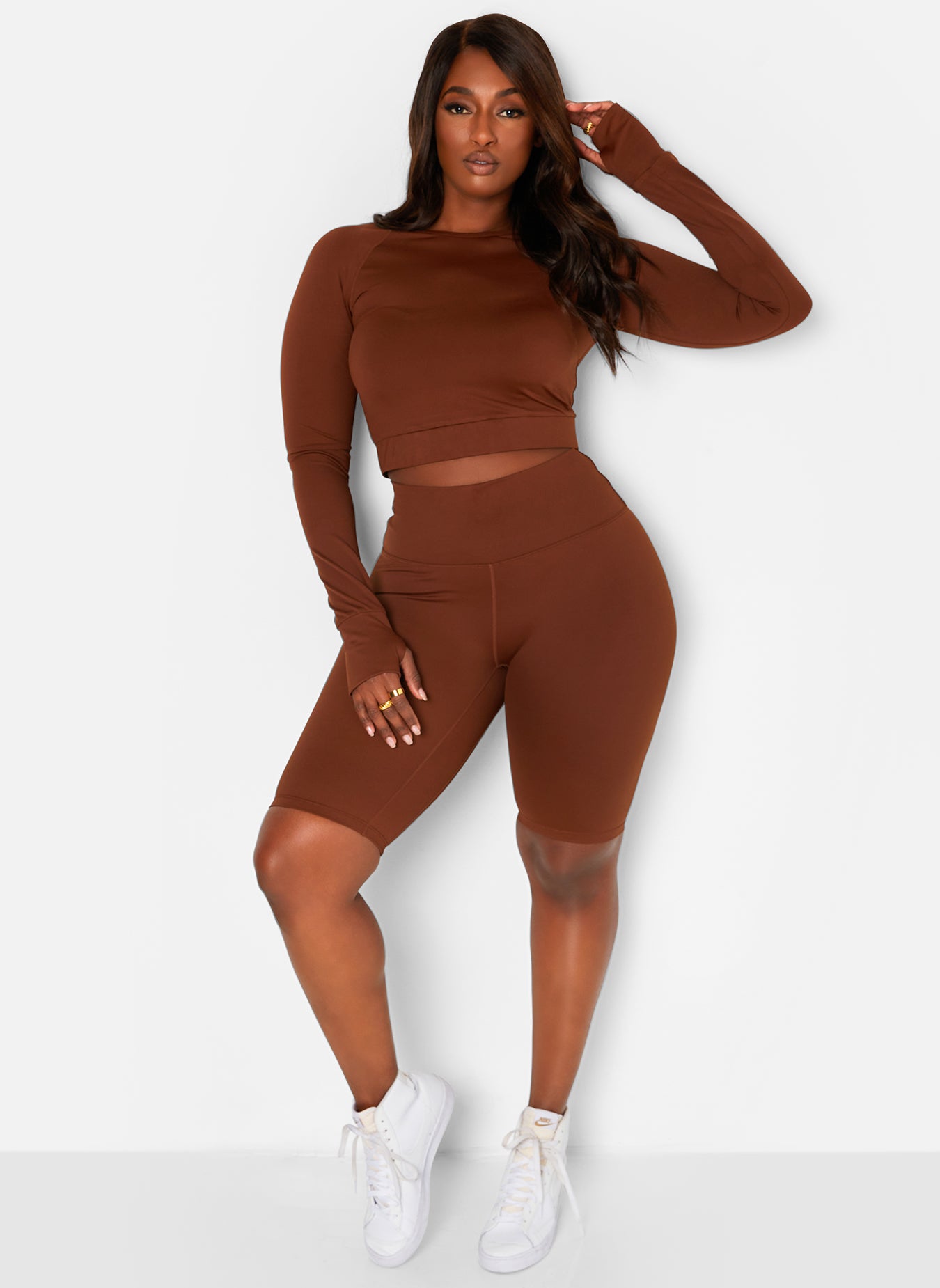 Brown Game Changer Long Sleeve Sports Crop Top Plus Sizes