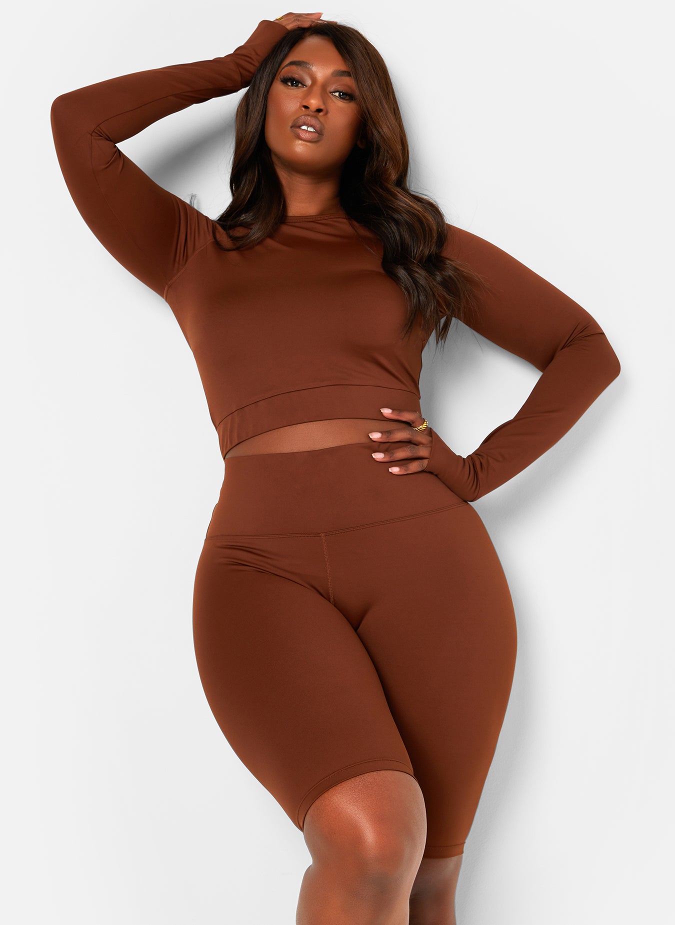 Brown Game Changer Long Sleeve Sports Crop Top Plus Sizes