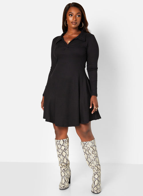 Black Get It Done Ribbed Collared Mini Skater Dress W. Pockets Plus Sizes