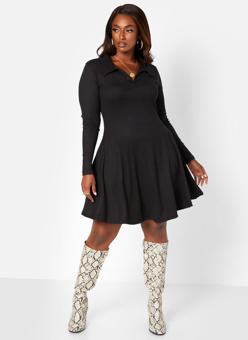 Black Get It Done Ribbed Collared Mini Skater Dress W. Pockets Plus Sizes