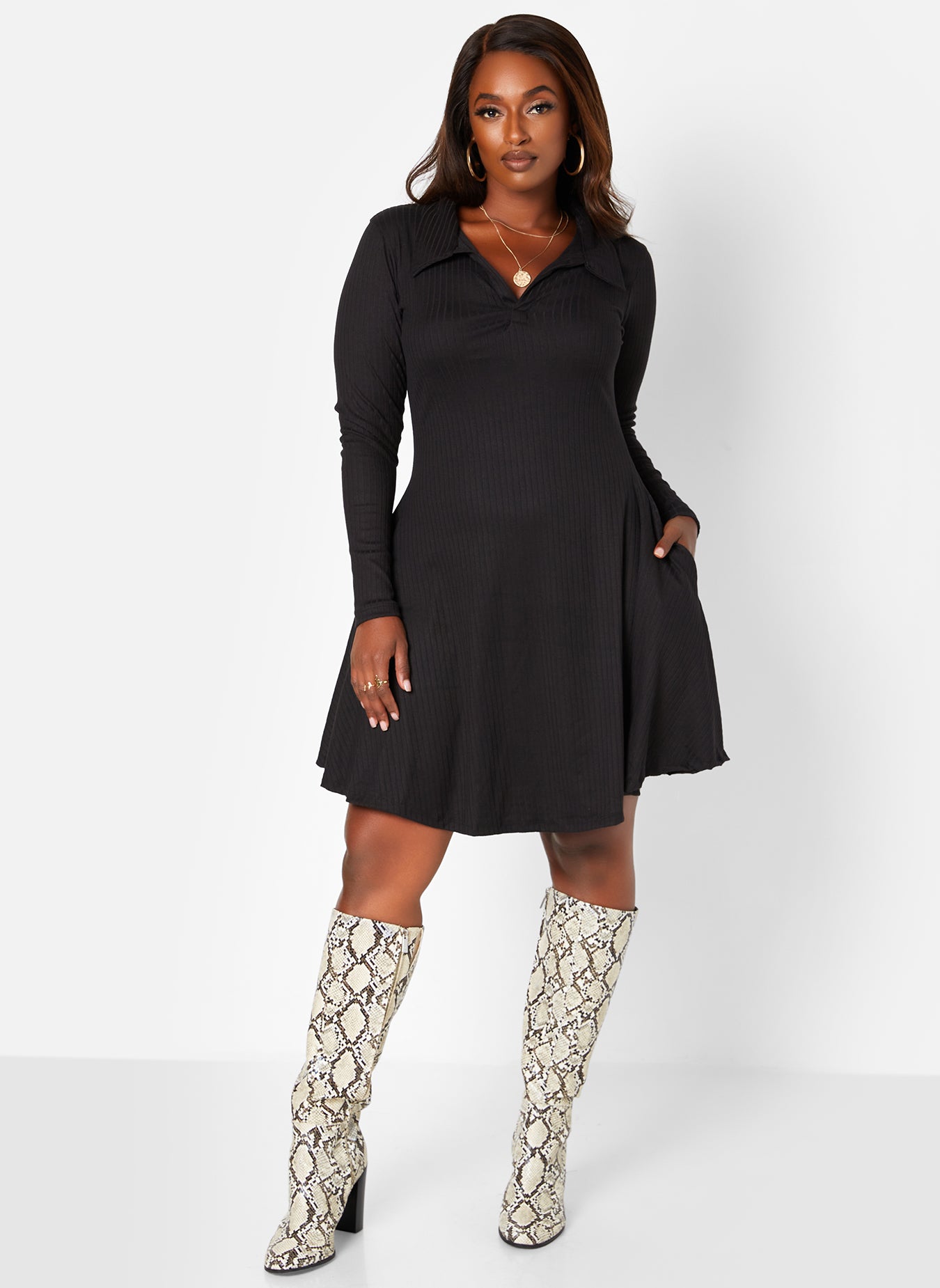 Black Get It Done Ribbed Collared Mini Skater Dress W. Pockets Plus Sizes