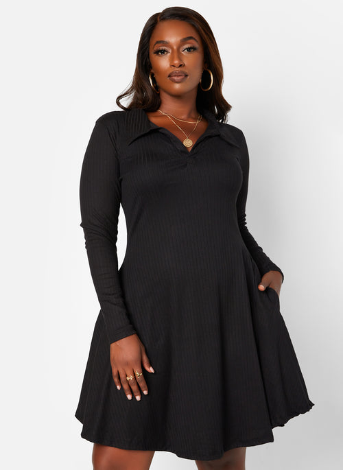 Black Get It Done Ribbed Collared Mini Skater Dress W. Pockets Plus Sizes