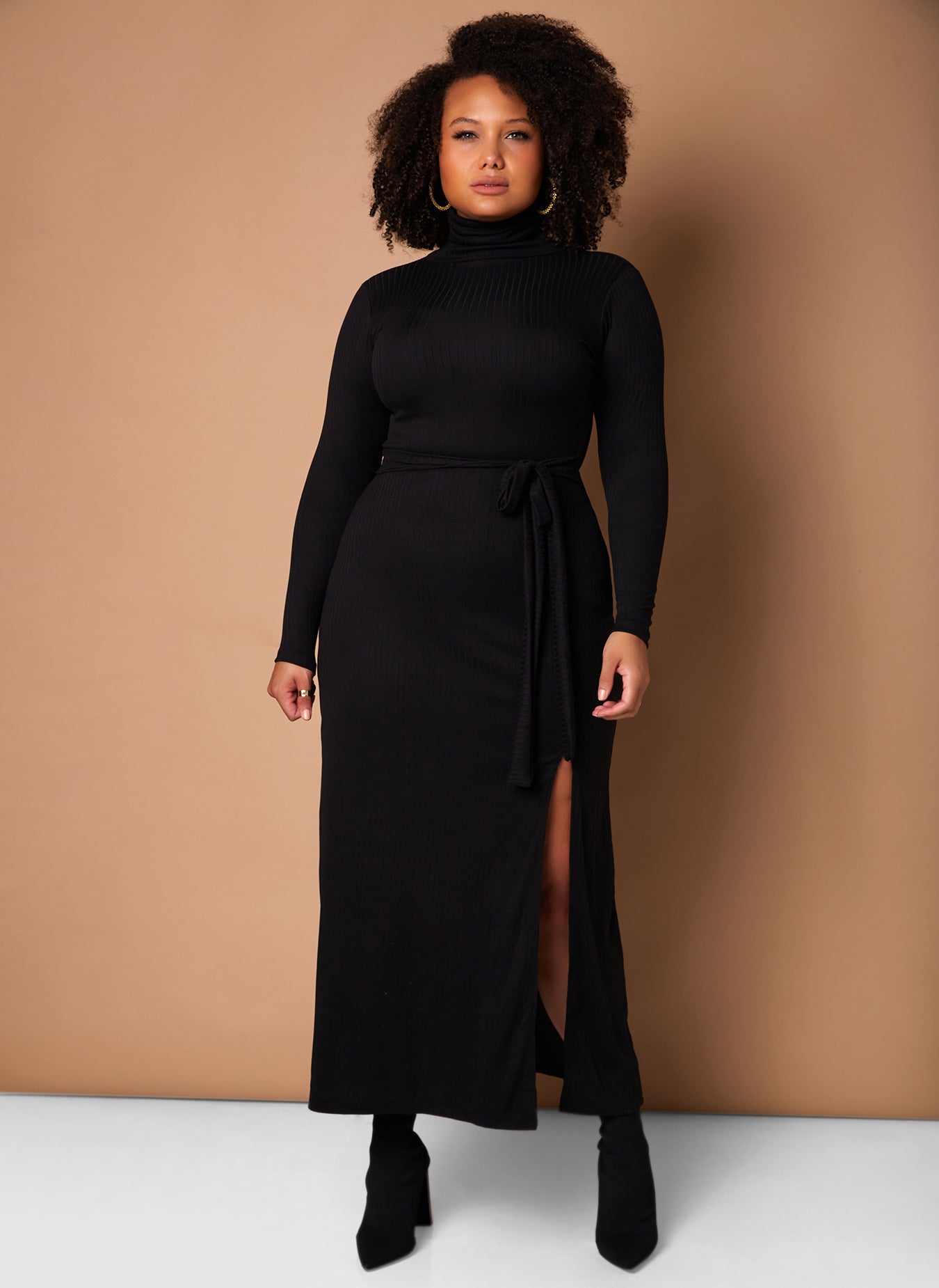 Black Give It A Rest Turtleneck Side Slit Bodycon Maxi Dress W. Tie Plus Sizes