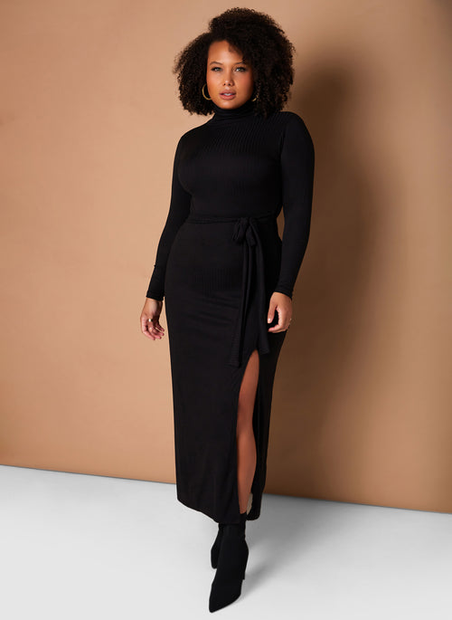 Black Give It A Rest Turtleneck Side Slit Bodycon Maxi Dress W. Tie Plus Sizes