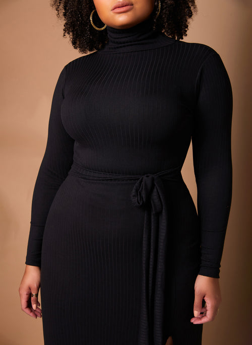 Black Give It A Rest Turtleneck Side Slit Bodycon Maxi Dress W. Tie Plus Sizes