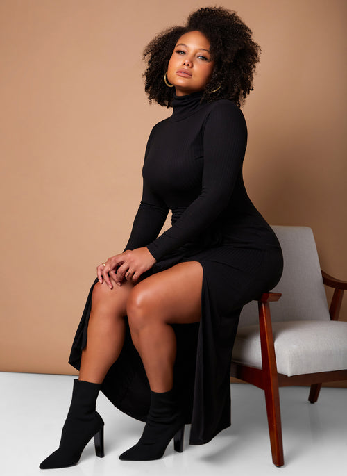 Black Give It A Rest Turtleneck Side Slit Bodycon Maxi Dress W. Tie Plus Sizes
