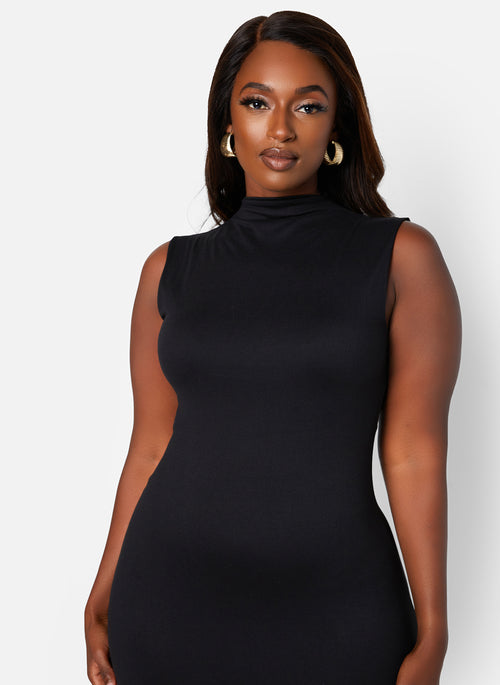 Black Giving Body Mock Neck Sleeveless Midi Bodycon Dress Plus Sizes