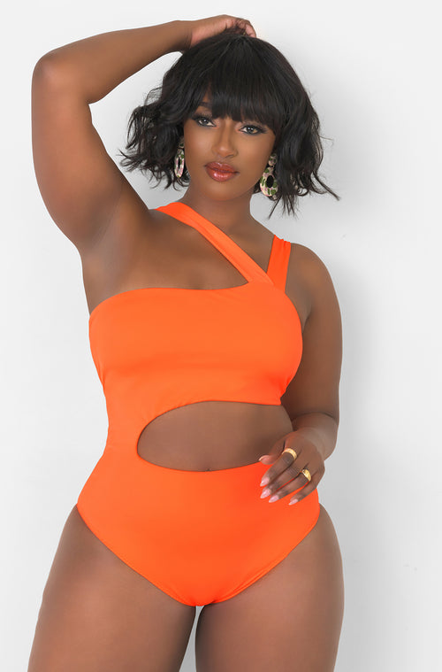 Orange Cut Out Waist One Piece Swimsuit Plus Sizes