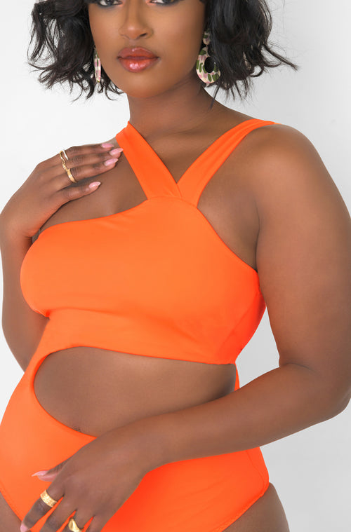 Orange Cut Out Waist One Piece Swimsuit Plus Sizes