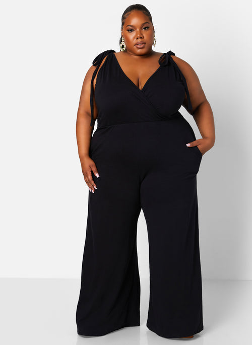 Black Good Evening Tie Strap Wide Leg Jumpsuit Plus Sizes