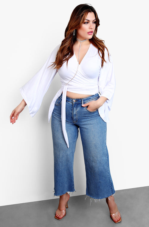 White Kimono Sleeve Wrap Around Tie Front Crop Top Plus Sizes