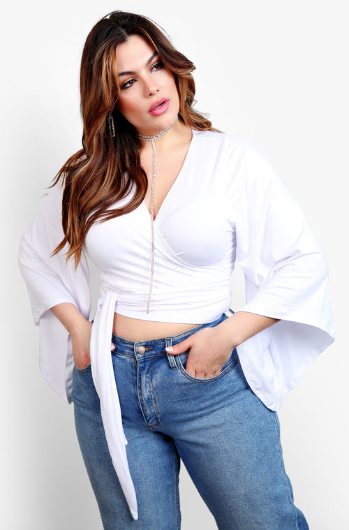 White Kimono Sleeve Wrap Around Tie Front Crop Top Plus Sizes