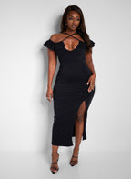 Got His Attention Ruched Bodycon Midi Dress - Black