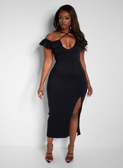 Got His Attention Ruched Bodycon Midi Dress - Black