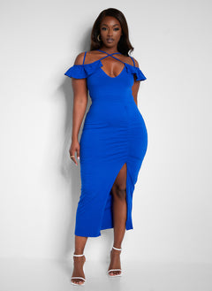 Got His Attention Ruched Bodycon Midi Dress - Royal Blue