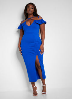 Got His Attention Ruched Bodycon Midi Dress - Royal Blue