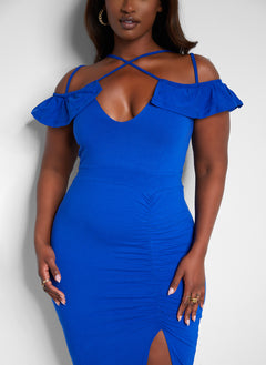 Got His Attention Ruched Bodycon Midi Dress - Royal Blue