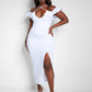 Got His Attention Ruched Bodycon Midi Dress - White