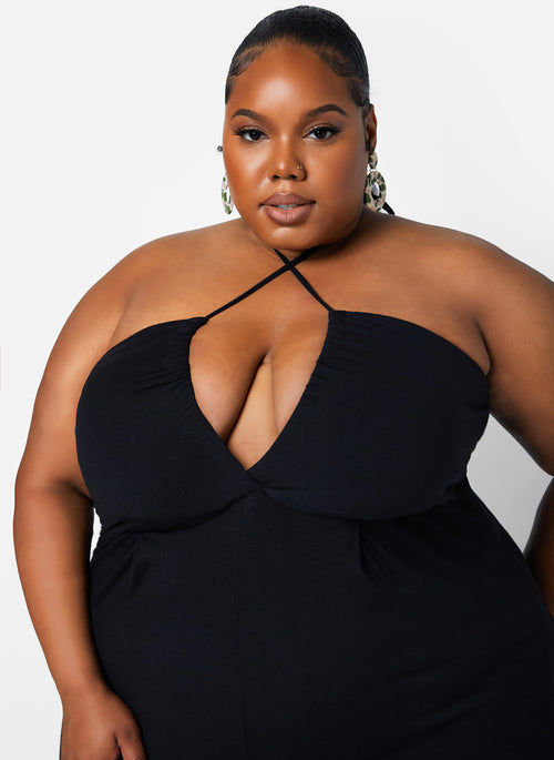 Black Grand Entrance Halter Split Leg Wide Leg Jumpsuit Plus Sizes