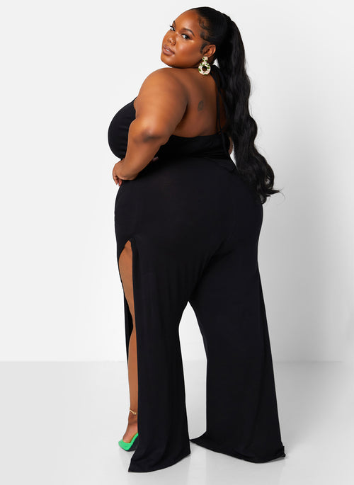 Black Grand Entrance Halter Split Leg Wide Leg Jumpsuit Plus Sizes