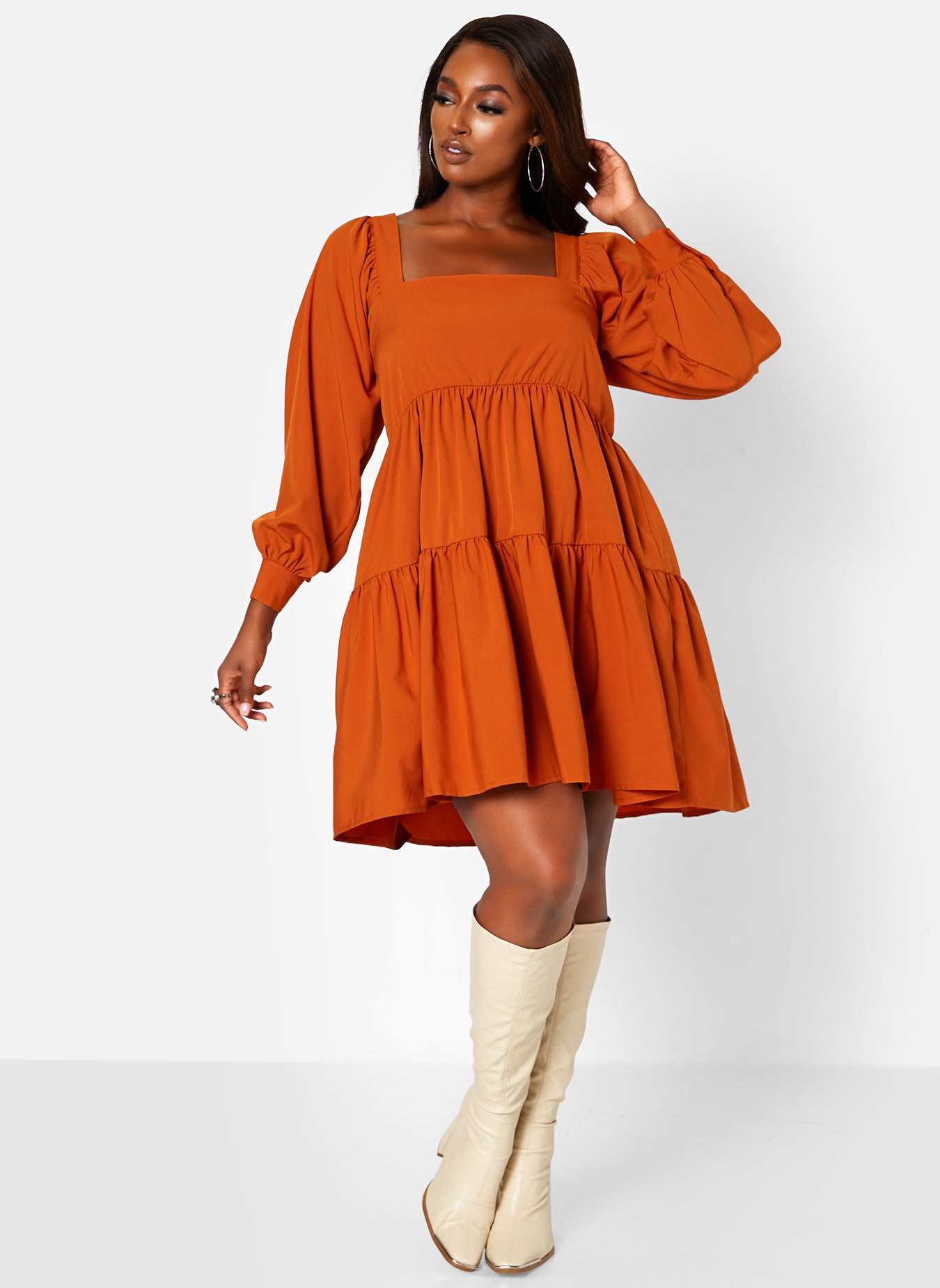 Brown Half Day Puff Sleeve Tie Back Tiered Mini Shift Dress Plus Sizes
