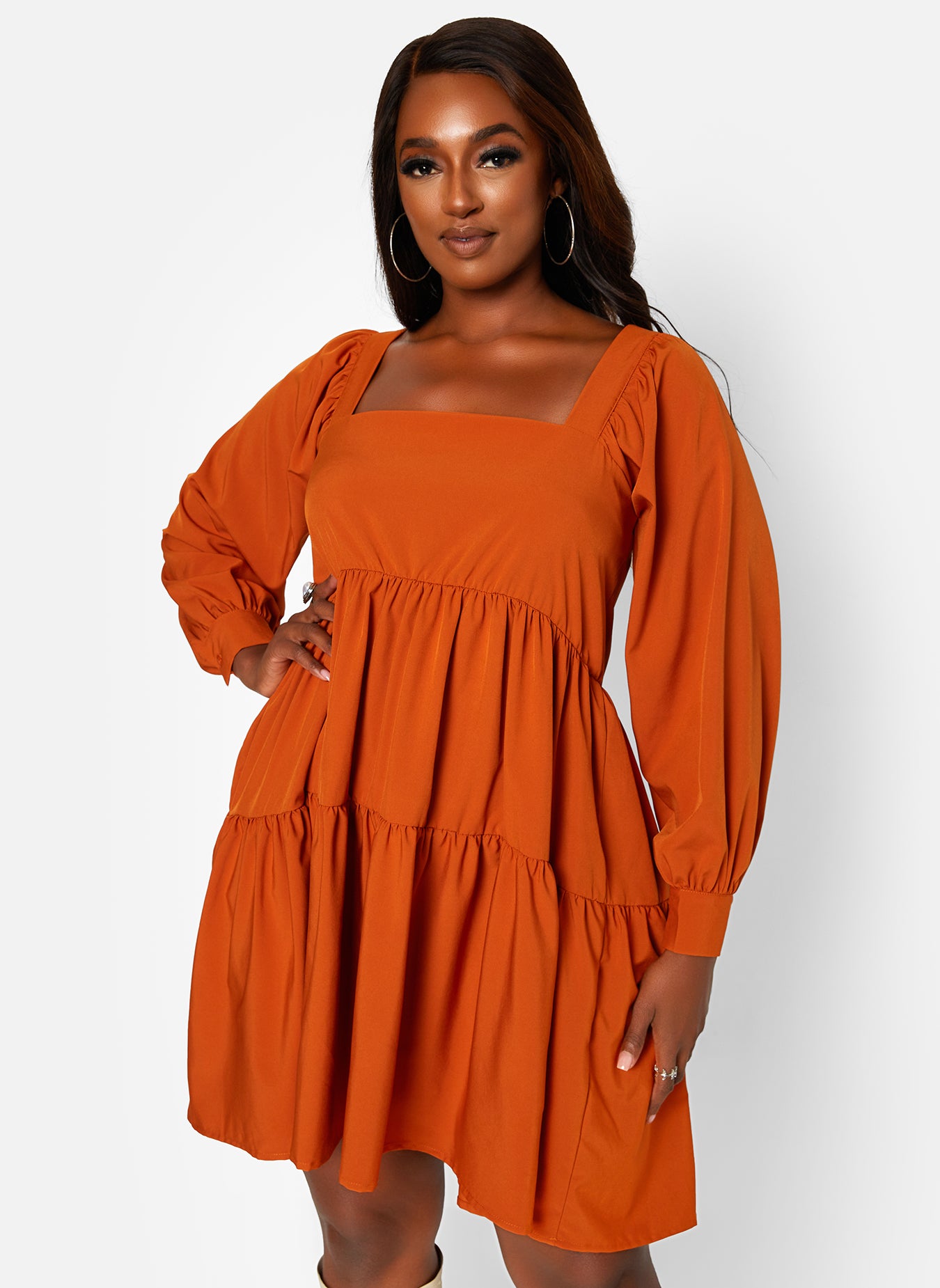Brown Half Day Puff Sleeve Tie Back Tiered Mini Shift Dress Plus Sizes