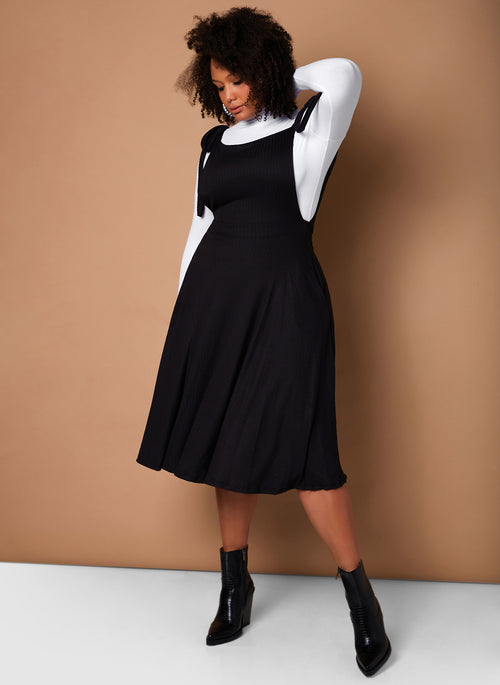 Black Hand It Over Overall Skater Midi Dress W. Pockets Plus Sizes