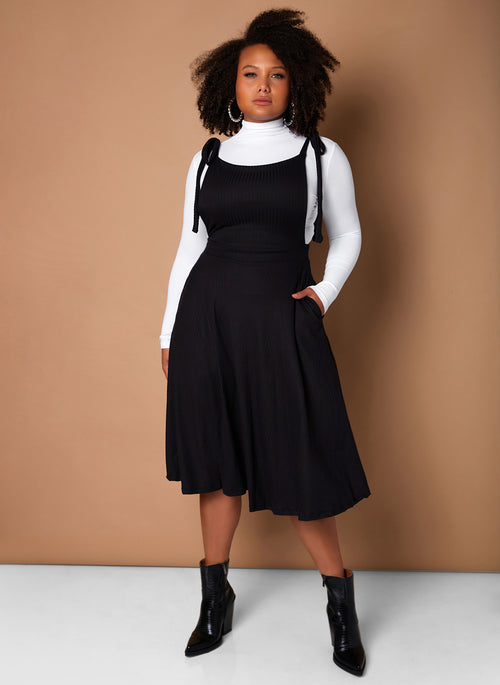 Black Hand It Over Overall Skater Midi Dress W. Pockets Plus Sizes