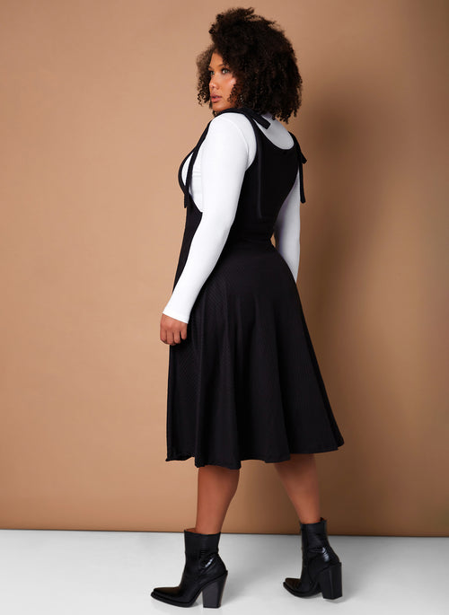 Black Hand It Over Overall Skater Midi Dress W. Pockets Plus Sizes