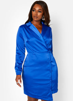 Royal Blue Happy Hour Satin Button Detail Mini Bodycon Dress Plus Sizes