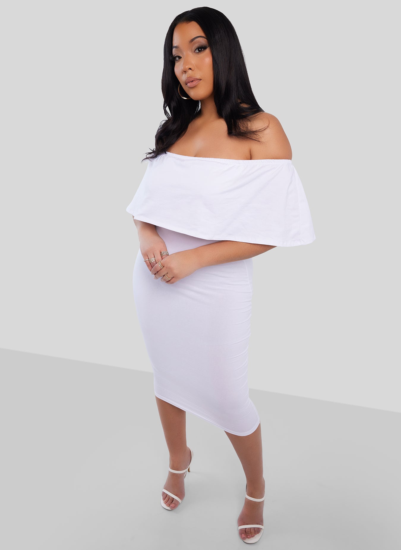 White Have It All Over The Shoulder Bodycon Midi Dress