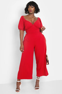 Red Peasant Top Wide Leg Jumpsuits w. Pockets Plus Sizes